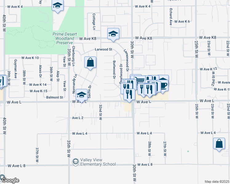 map of restaurants, bars, coffee shops, grocery stores, and more near 3124 Gingerwood Lane in Lancaster