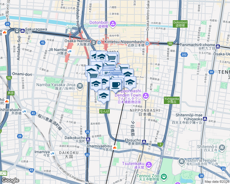 map of restaurants, bars, coffee shops, grocery stores, and more near  in Osaka