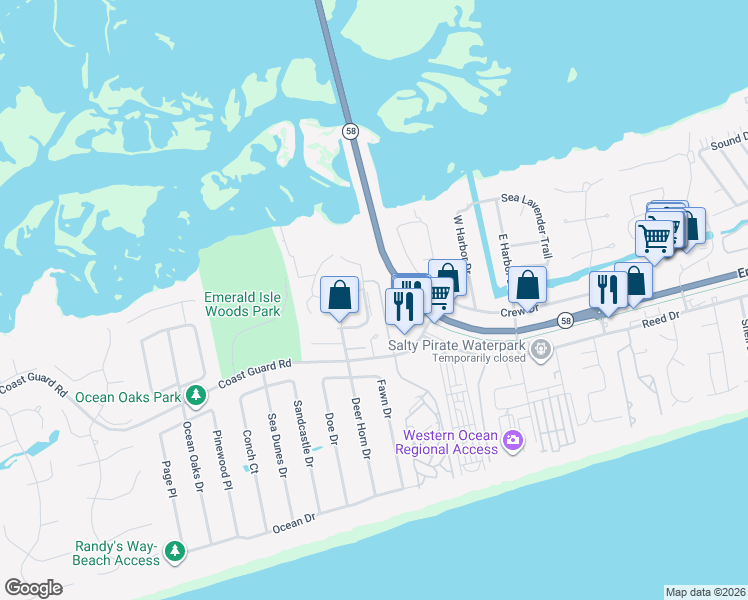 map of restaurants, bars, coffee shops, grocery stores, and more near Pebble Beach Road in Emerald Isle