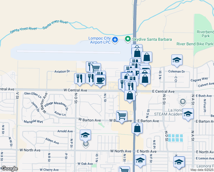 map of restaurants, bars, coffee shops, grocery stores, and more near 1424 North L Street in Lompoc