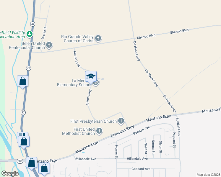map of restaurants, bars, coffee shops, grocery stores, and more near 301 Alame Loop in Belen