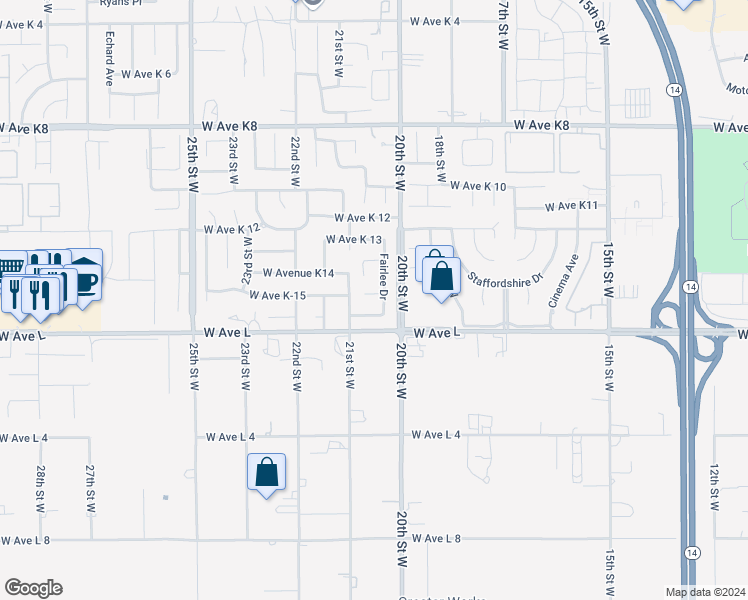 map of restaurants, bars, coffee shops, grocery stores, and more near 2034 West Avenue K-15 in Lancaster