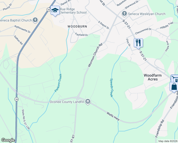 map of restaurants, bars, coffee shops, grocery stores, and more near 336 Mormon Church Road in Seneca
