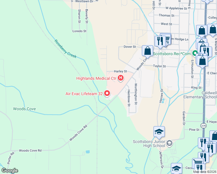 map of restaurants, bars, coffee shops, grocery stores, and more near 508 Gregory Street in Scottsboro