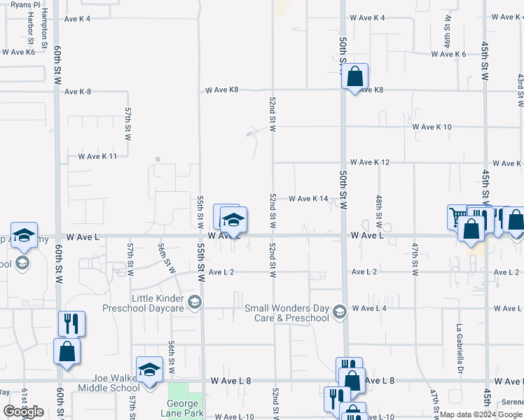 map of restaurants, bars, coffee shops, grocery stores, and more near 5120 West Avenue K 14 in Lancaster