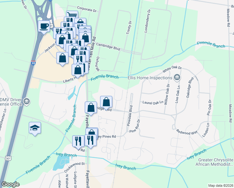 map of restaurants, bars, coffee shops, grocery stores, and more near 114 Village Walk West in Lumberton