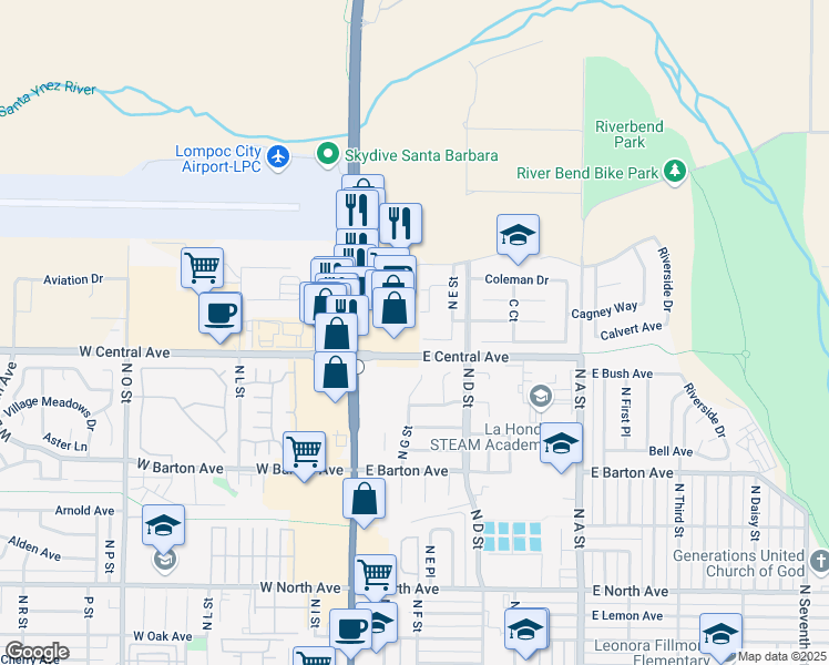 map of restaurants, bars, coffee shops, grocery stores, and more near 312 Crystal Circle in Lompoc
