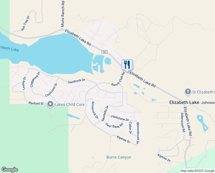 map of restaurants, bars, coffee shops, grocery stores, and more near Sandrock Drive in Elizabeth Lake