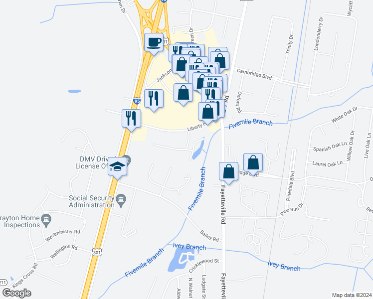 map of restaurants, bars, coffee shops, grocery stores, and more near 4900 Independence Drive in Lumberton