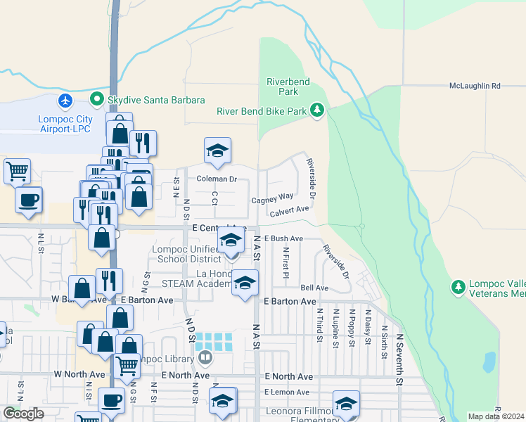 map of restaurants, bars, coffee shops, grocery stores, and more near 1409 Orchid Street in Lompoc