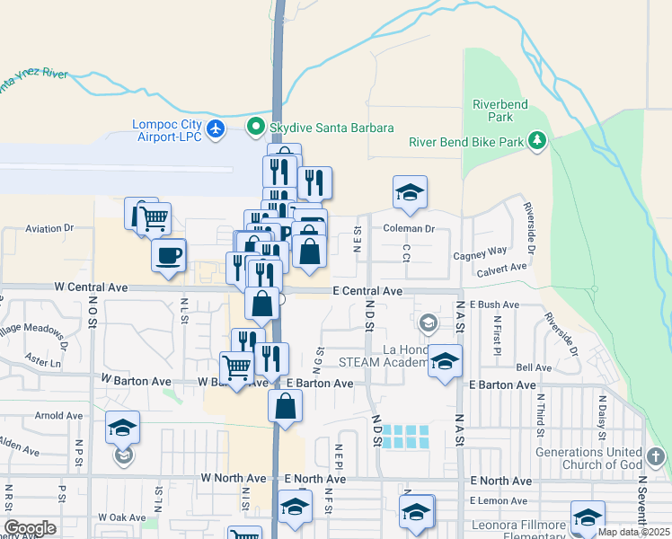 map of restaurants, bars, coffee shops, grocery stores, and more near 312 Crystal Circle in Lompoc