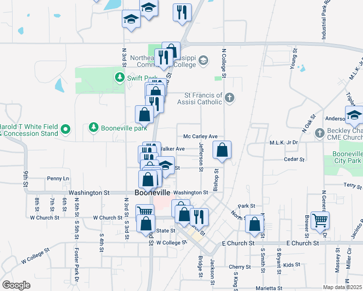 map of restaurants, bars, coffee shops, grocery stores, and more near 500-598 North 1st Street in Booneville