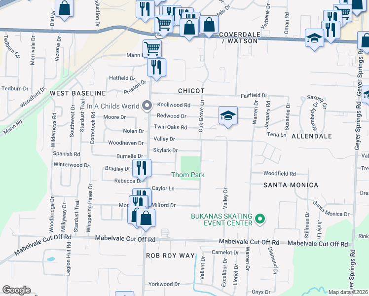 map of restaurants, bars, coffee shops, grocery stores, and more near 7221 Valley Drive in Little Rock