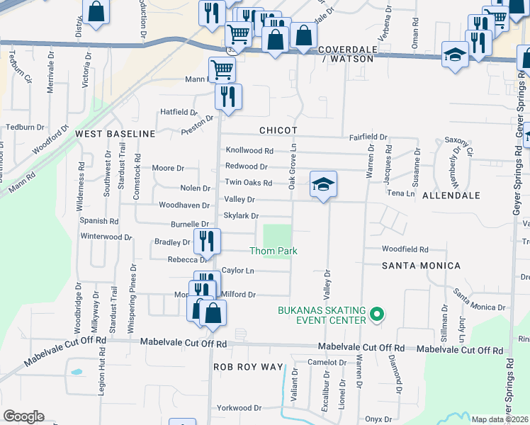map of restaurants, bars, coffee shops, grocery stores, and more near 7221 Valley Drive in Little Rock