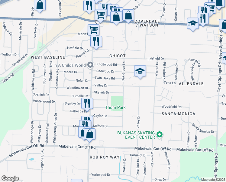 map of restaurants, bars, coffee shops, grocery stores, and more near 7221 Valley Drive in Little Rock