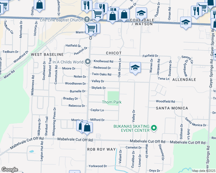 map of restaurants, bars, coffee shops, grocery stores, and more near 7221 Valley Drive in Little Rock