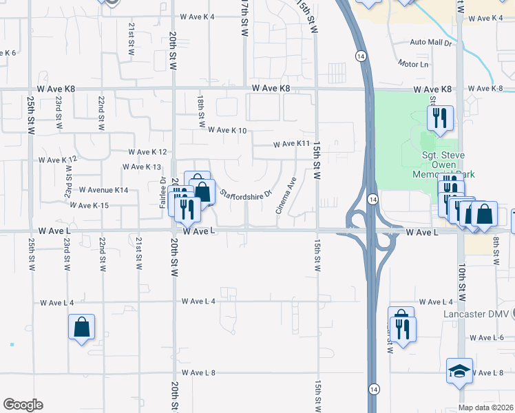 map of restaurants, bars, coffee shops, grocery stores, and more near 42815 16th Place West in Lancaster