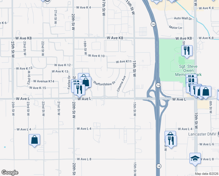 map of restaurants, bars, coffee shops, grocery stores, and more near 42815 16th Place West in Lancaster