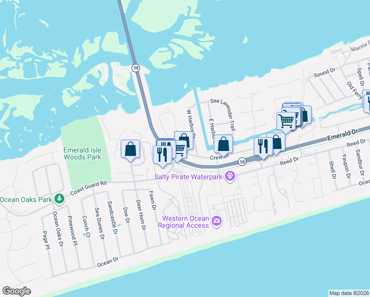 map of restaurants, bars, coffee shops, grocery stores, and more near 402 Sunrise Court in Emerald Isle
