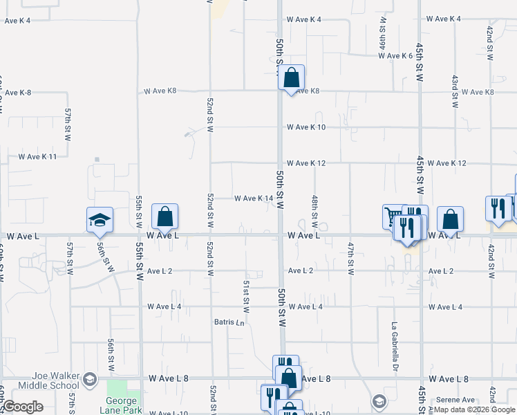 map of restaurants, bars, coffee shops, grocery stores, and more near 5032 West Avenue K 14 in Lancaster