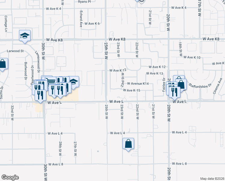 map of restaurants, bars, coffee shops, grocery stores, and more near 42842 Willow West Court in Lancaster