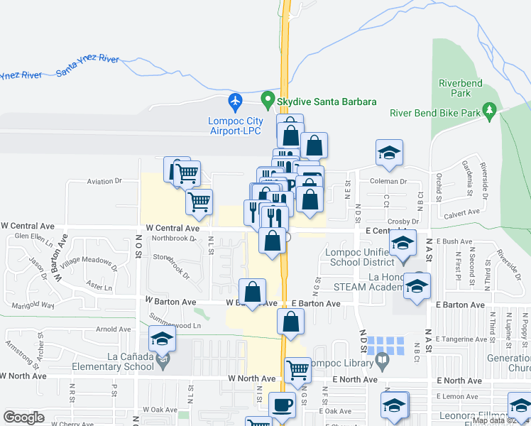 map of restaurants, bars, coffee shops, grocery stores, and more near 1407 North H Street in Lompoc