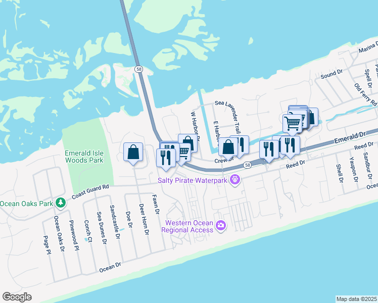 map of restaurants, bars, coffee shops, grocery stores, and more near 400 Sunrise Ln in Swansboro