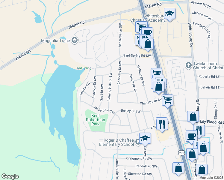 map of restaurants, bars, coffee shops, grocery stores, and more near 7621 Fleming Hills Drive Southwest in Huntsville