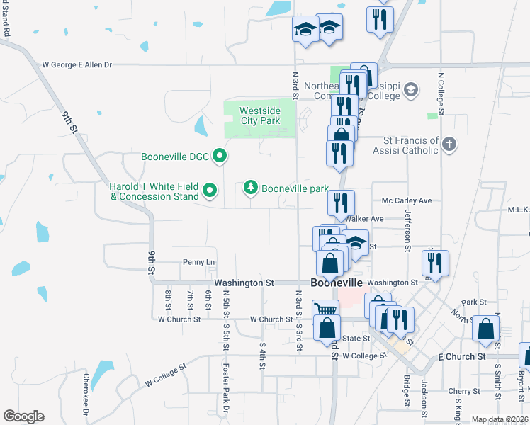 map of restaurants, bars, coffee shops, grocery stores, and more near Harold T White Memorial Dr in Booneville
