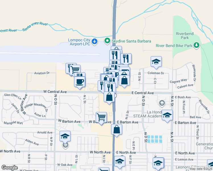 map of restaurants, bars, coffee shops, grocery stores, and more near 1407 North H Street in Lompoc