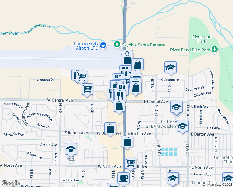 map of restaurants, bars, coffee shops, grocery stores, and more near 1407 North H Street in Lompoc