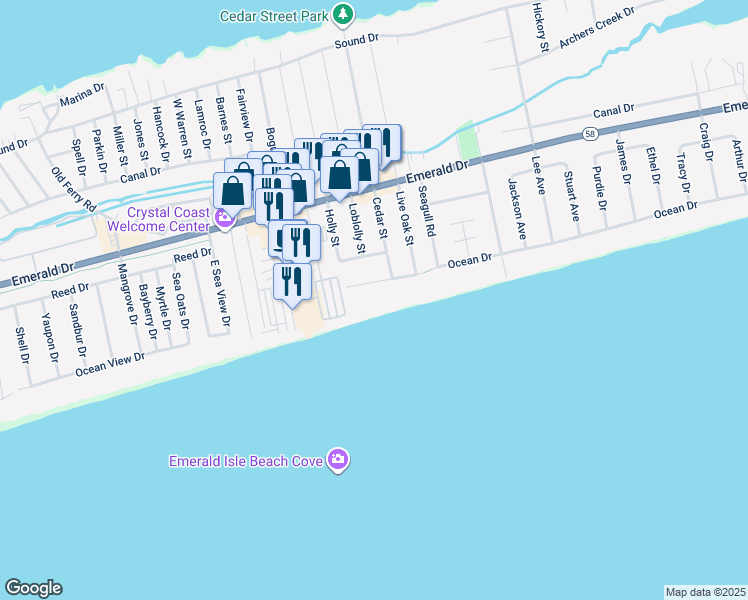 map of restaurants, bars, coffee shops, grocery stores, and more near 7901 Ocean Drive in Emerald Isle