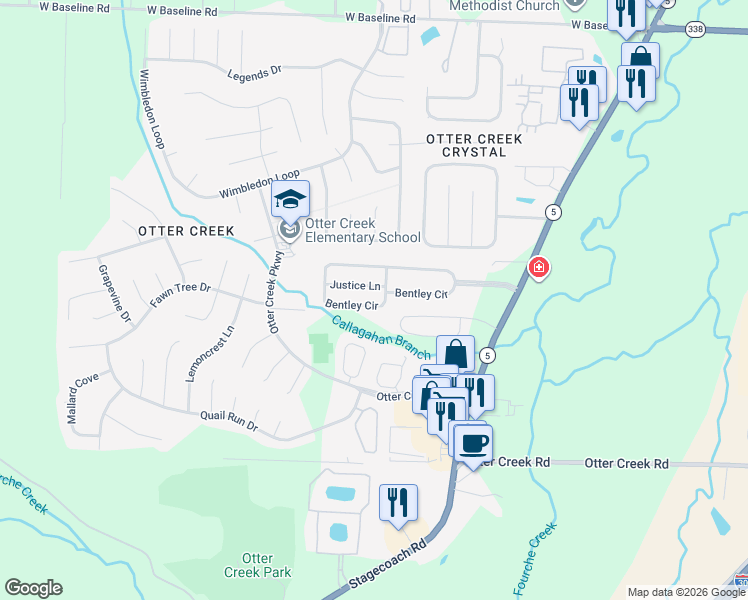 map of restaurants, bars, coffee shops, grocery stores, and more near 3 Justice Lane in Little Rock