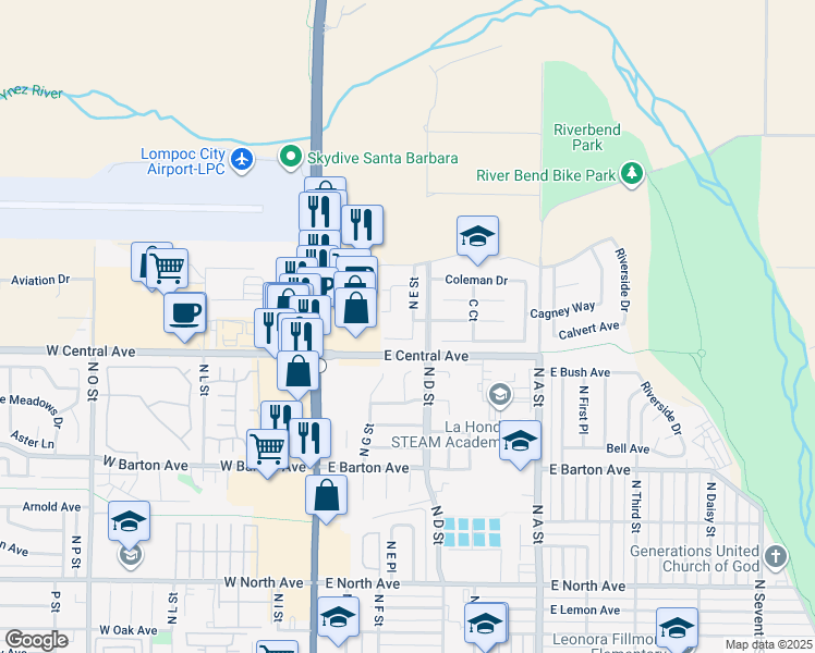 map of restaurants, bars, coffee shops, grocery stores, and more near 312 Crystal Circle in Lompoc