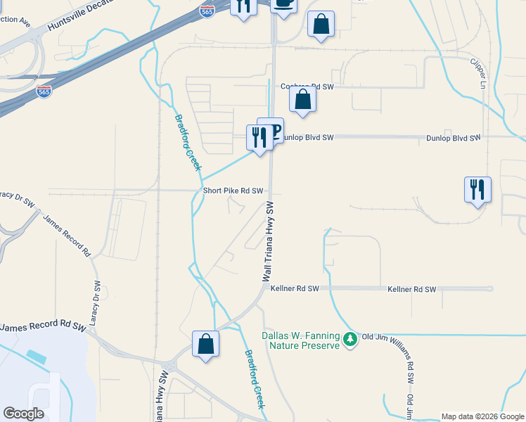 map of restaurants, bars, coffee shops, grocery stores, and more near 119 James Madison Drive Southwest in Huntsville