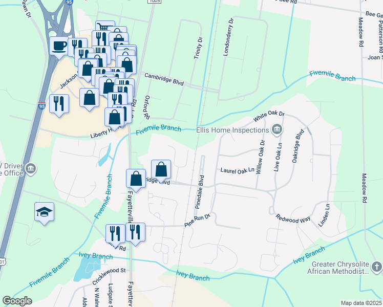 map of restaurants, bars, coffee shops, grocery stores, and more near 216 Village Walk East in Lumberton