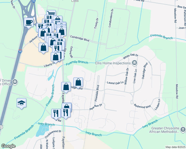 map of restaurants, bars, coffee shops, grocery stores, and more near 216 Village Walk East in Lumberton
