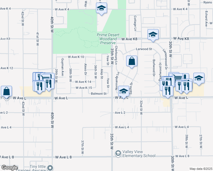 map of restaurants, bars, coffee shops, grocery stores, and more near 42837 Yew Street in Lancaster