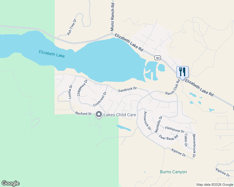 map of restaurants, bars, coffee shops, grocery stores, and more near Denview Drive in Elizabeth Lake