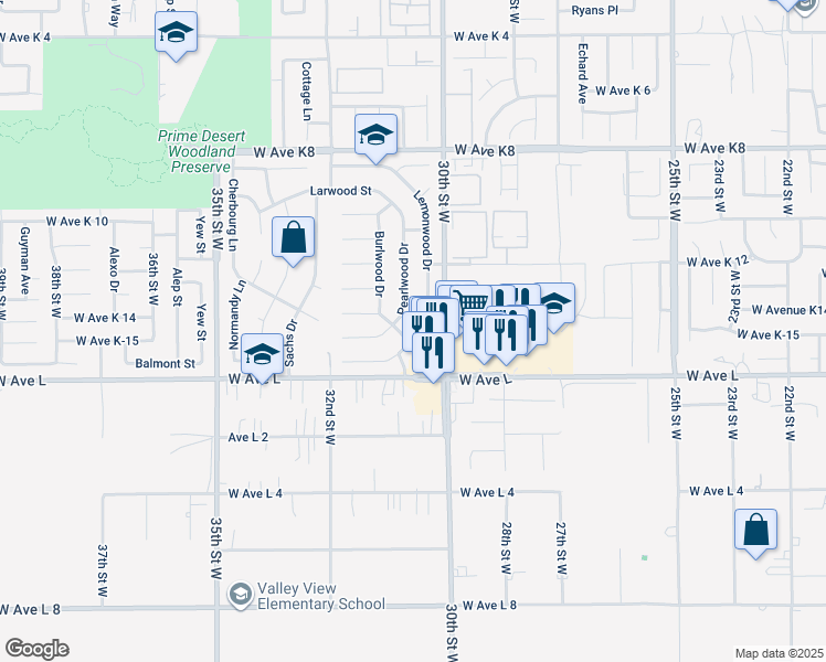 map of restaurants, bars, coffee shops, grocery stores, and more near 42851 Lemonwood Drive in Lancaster