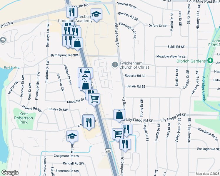 map of restaurants, bars, coffee shops, grocery stores, and more near 252 Inverness Drive Southwest in Huntsville