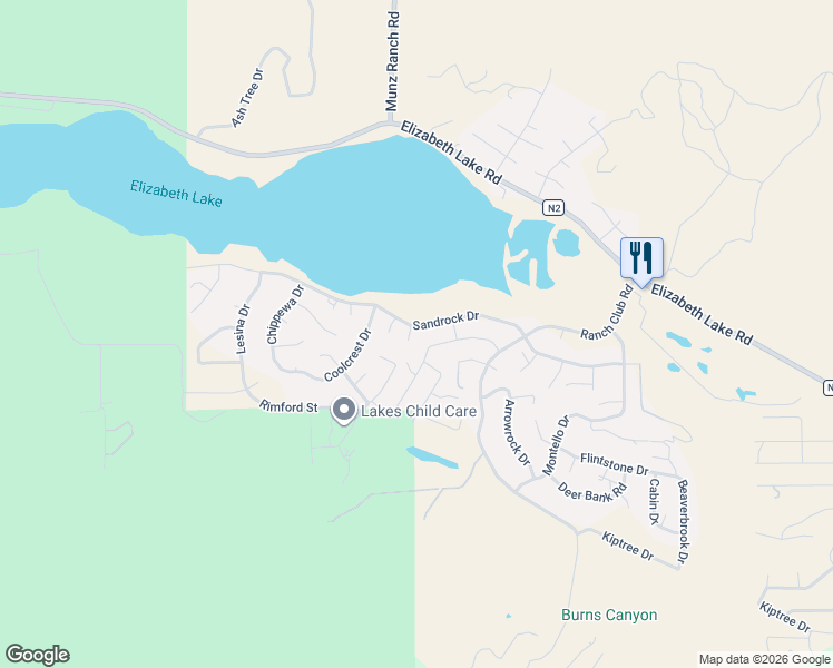 map of restaurants, bars, coffee shops, grocery stores, and more near Denview Drive in Elizabeth Lake