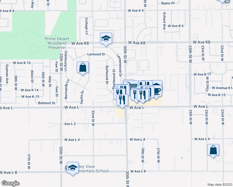 map of restaurants, bars, coffee shops, grocery stores, and more near 42851 Lemonwood Drive in Lancaster