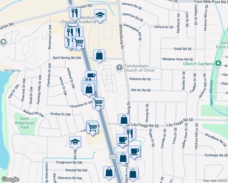 map of restaurants, bars, coffee shops, grocery stores, and more near 252 Inverness Drive Southwest in Huntsville