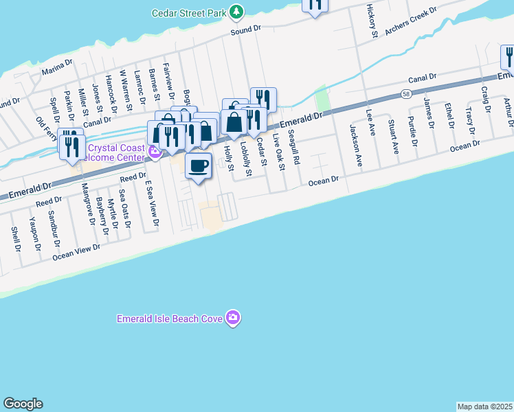 map of restaurants, bars, coffee shops, grocery stores, and more near 7901 Ocean Drive in Emerald Isle