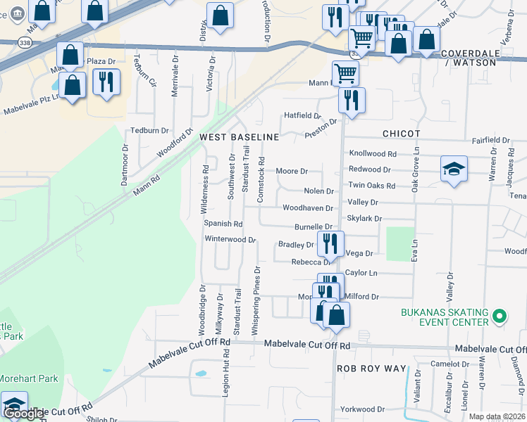 map of restaurants, bars, coffee shops, grocery stores, and more near 8005 Woodhaven Drive in Little Rock