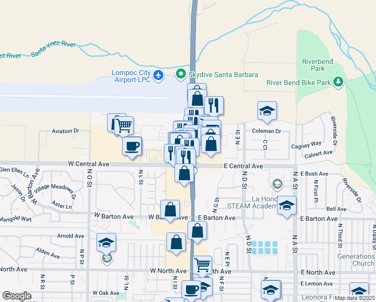map of restaurants, bars, coffee shops, grocery stores, and more near 1508 North H Street in Lompoc