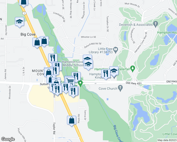 map of restaurants, bars, coffee shops, grocery stores, and more near 261 Old Highway 431 in Owens Cross Roads