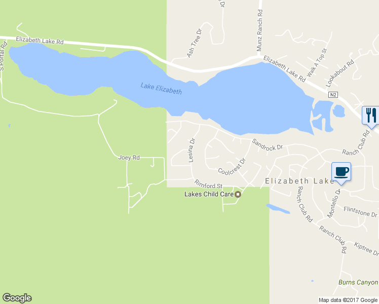 map of restaurants, bars, coffee shops, grocery stores, and more near Lesina Drive in Elizabeth Lake