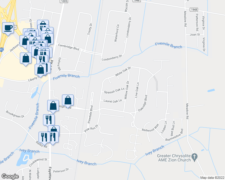 map of restaurants, bars, coffee shops, grocery stores, and more near 1107 Spanish Oak Lane in Lumberton